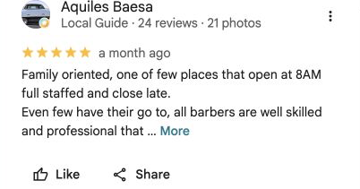 Five-star Google review 1 for Danny Barber Shop