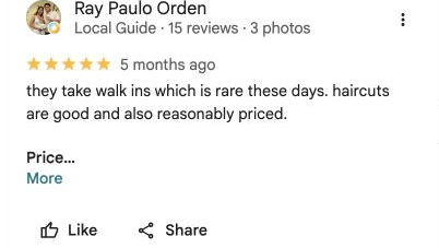 Five-star Google review 6 for Danny Barber Shop